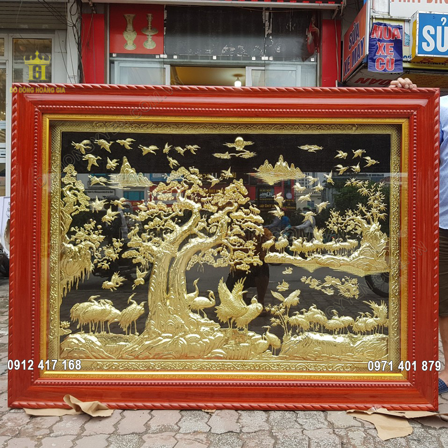 Tranh Đồng Song T&ugrave;ng B&aacute;ch Hạc Khung Gỗ Hương 1M76